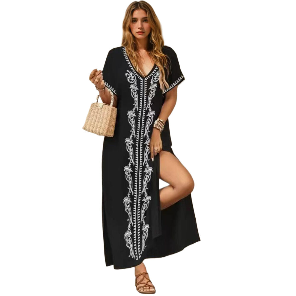 Women’s beach dress with elaborate embroidery and side slits Ivyshape