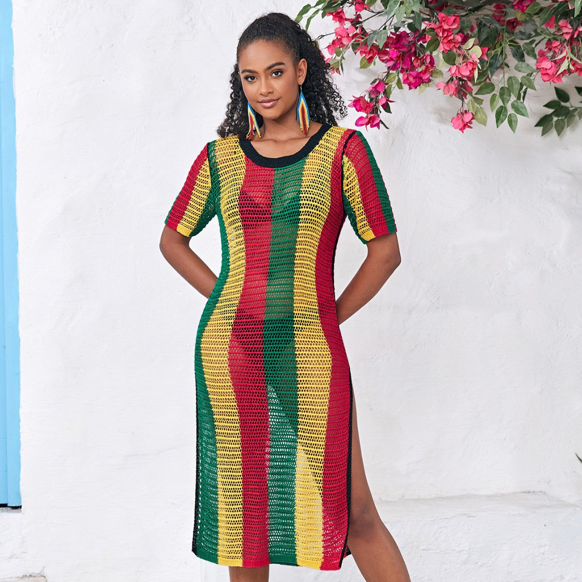 Women airy mesh beach dress with multicolored stripe pattern Ivyshape