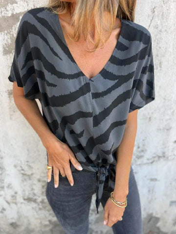 Ladies Elegant V-Neck Tie-Front Blouse Ivyshape