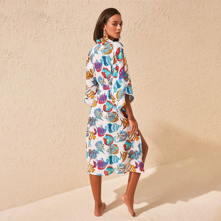 Women's beach robe with colorful fish cut Ivyshape