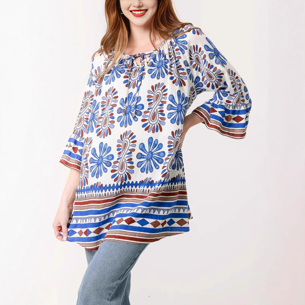Women's Bohemian-inspired floral pattern tunic top Ivyshape