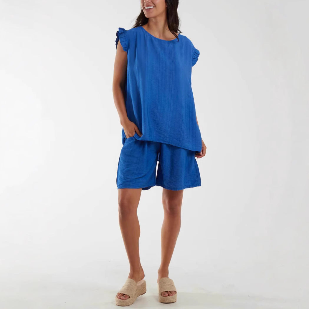 Women's Relaxed Fit Ruffle Sleeve Two-Piece Set Ivyshape