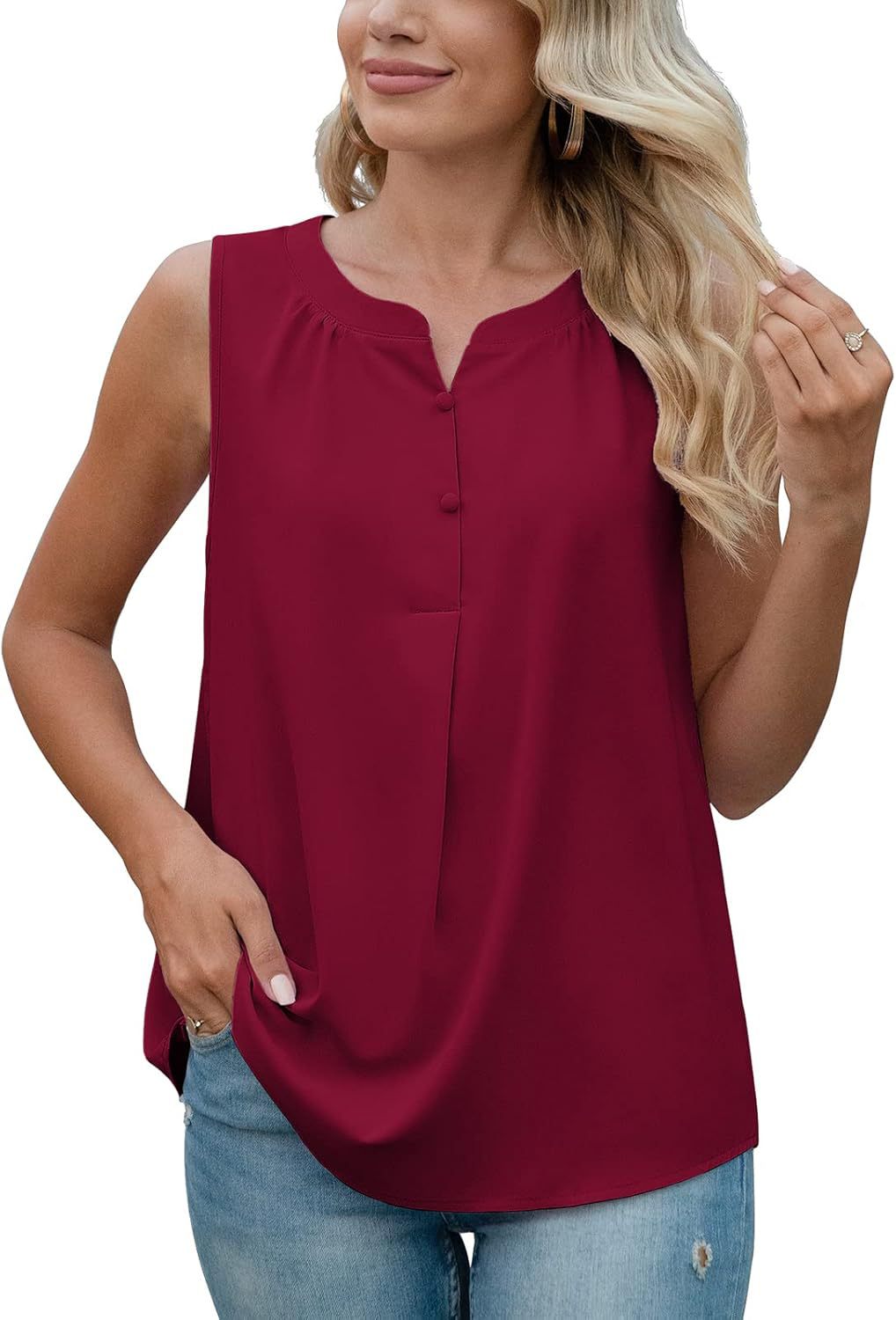 Women button closure sleeveless blouse Ivyshape