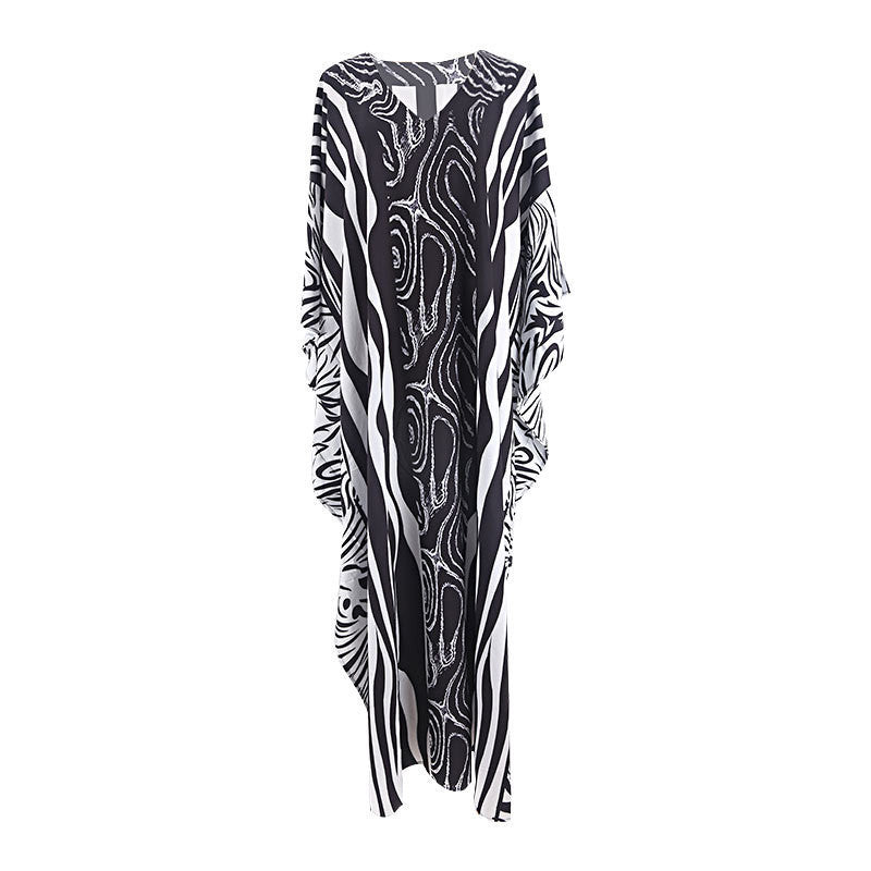 Ladies elegant kaftan with artistic zebra pattern and glittering accents Ivyshape