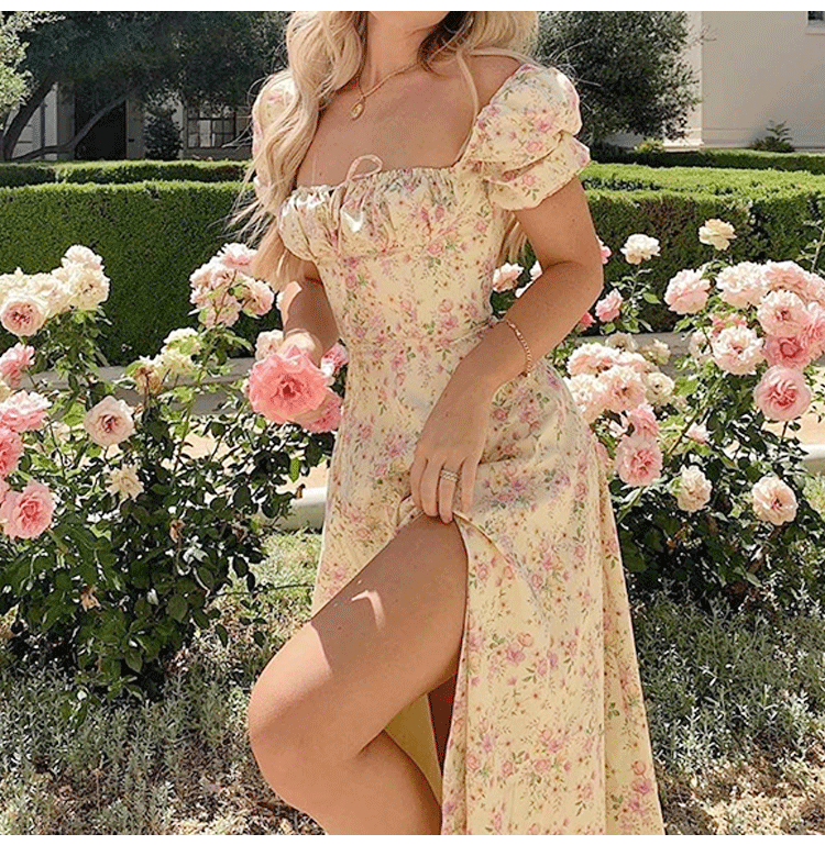 Ladies Flower Puff Sleeve Midi Dress Ivyshape