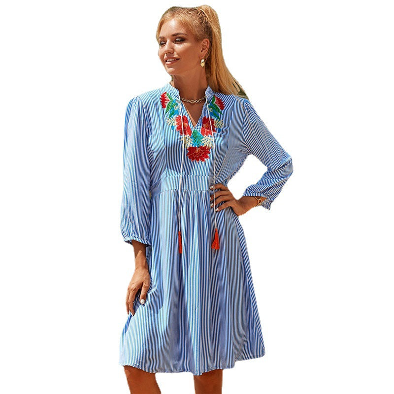 Women Summer Cotton Dress with Colorful Embroidery Design Ivyshape