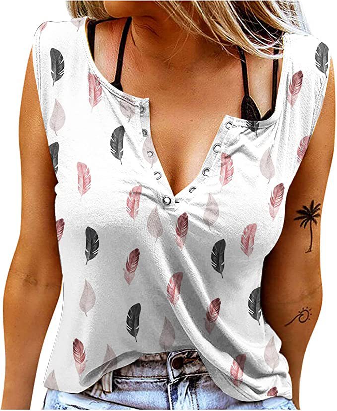 Women's Button Placket T-Shirt with Feather Pattern Ivyshape