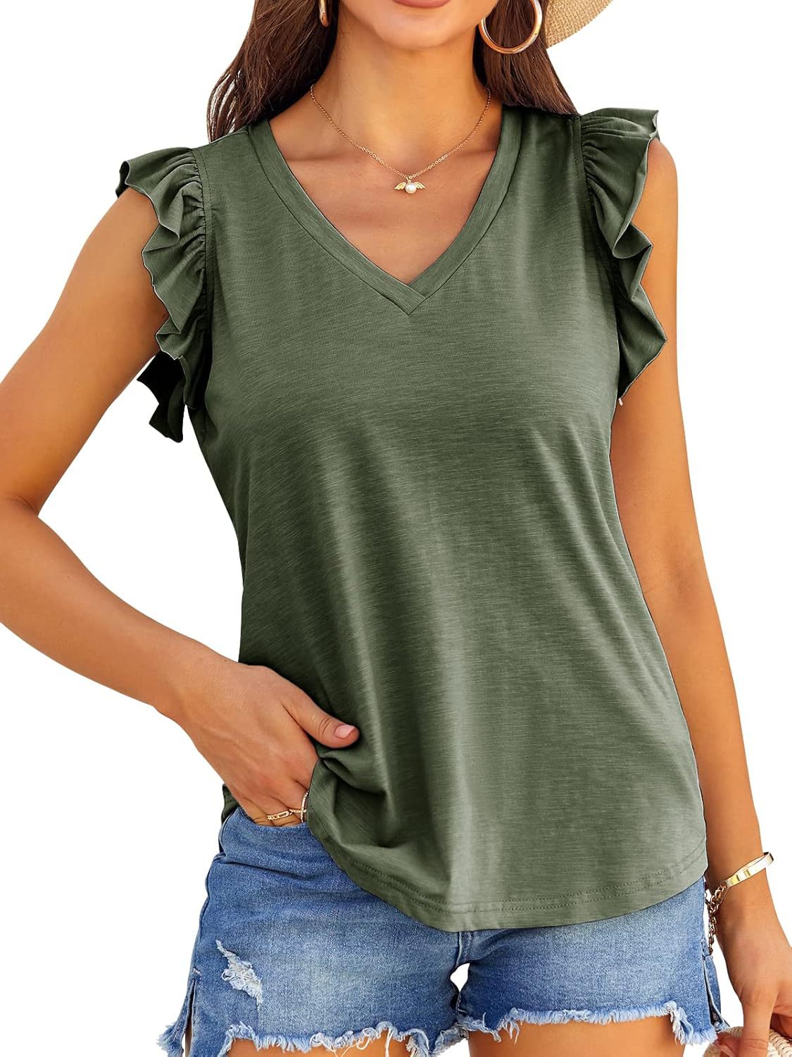 Women V-neck Ruffle Sleeve Top Ivyshape