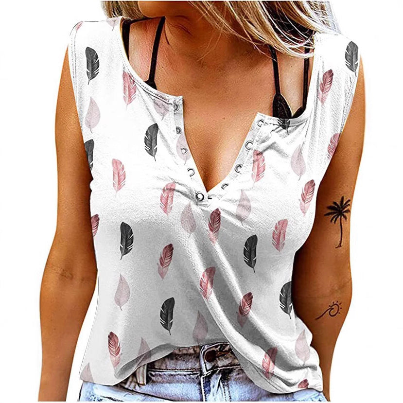 Women's Button Placket T-Shirt with Feather Pattern Ivyshape