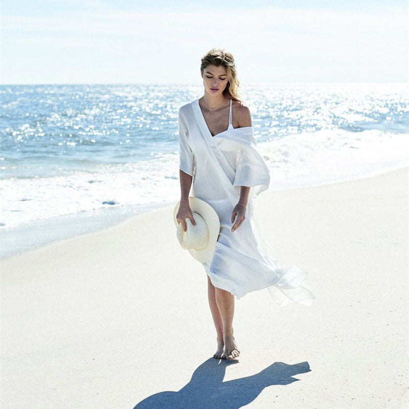 Women's airy beach cover-up with elegant V-neck and flowing coat style Ivyshape