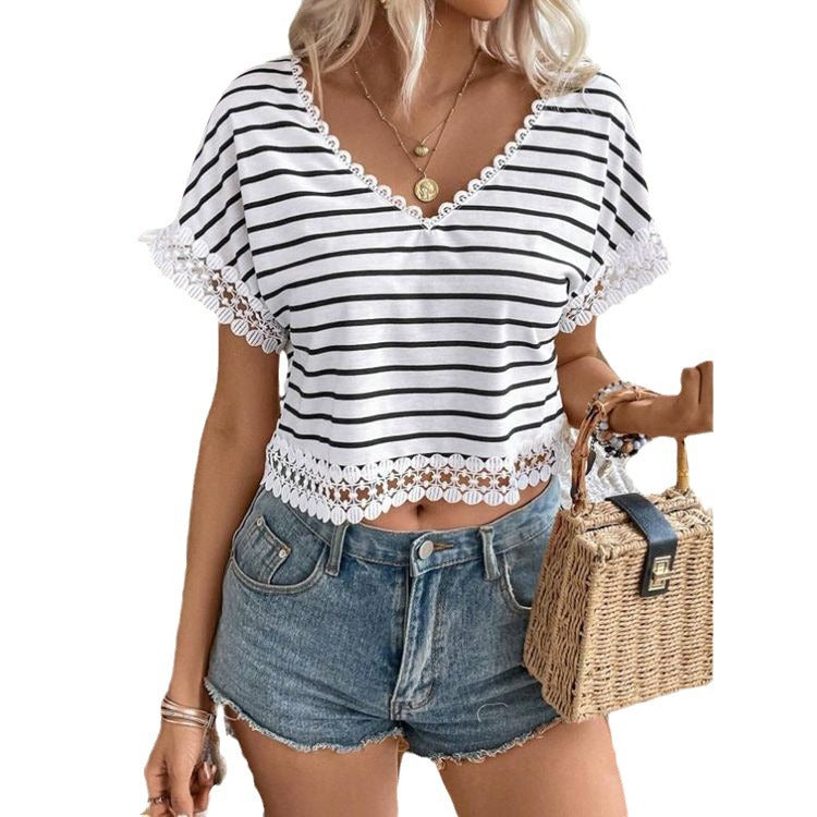 Ladies short sleeve blouse with lace trim and striped pattern Ivyshape