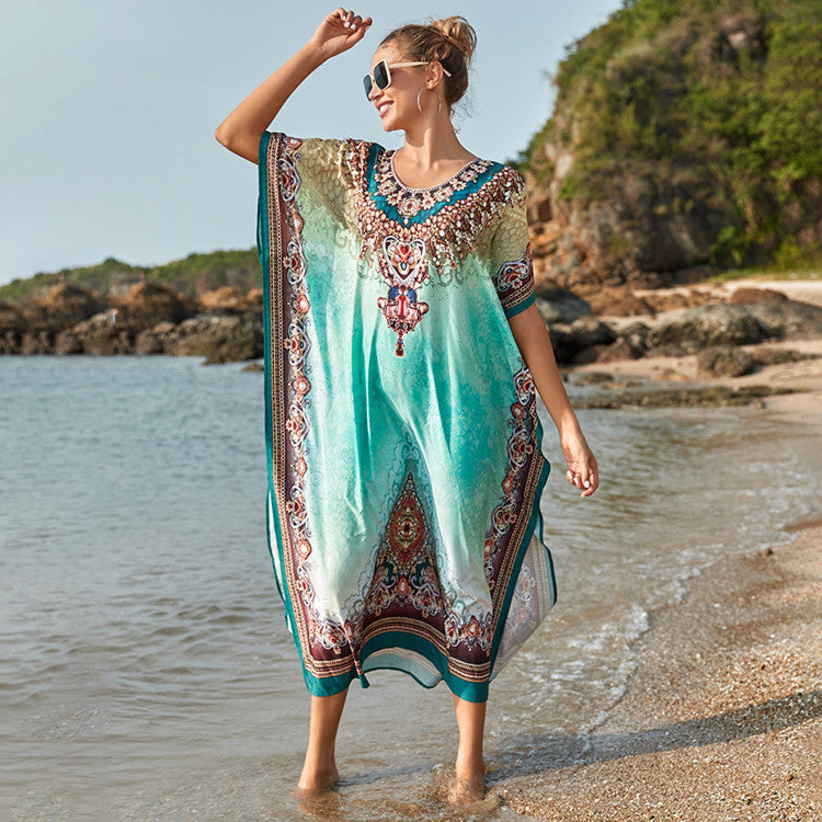 Ladies transparent beach tunic with artistic pattern and elegant details Ivyshape