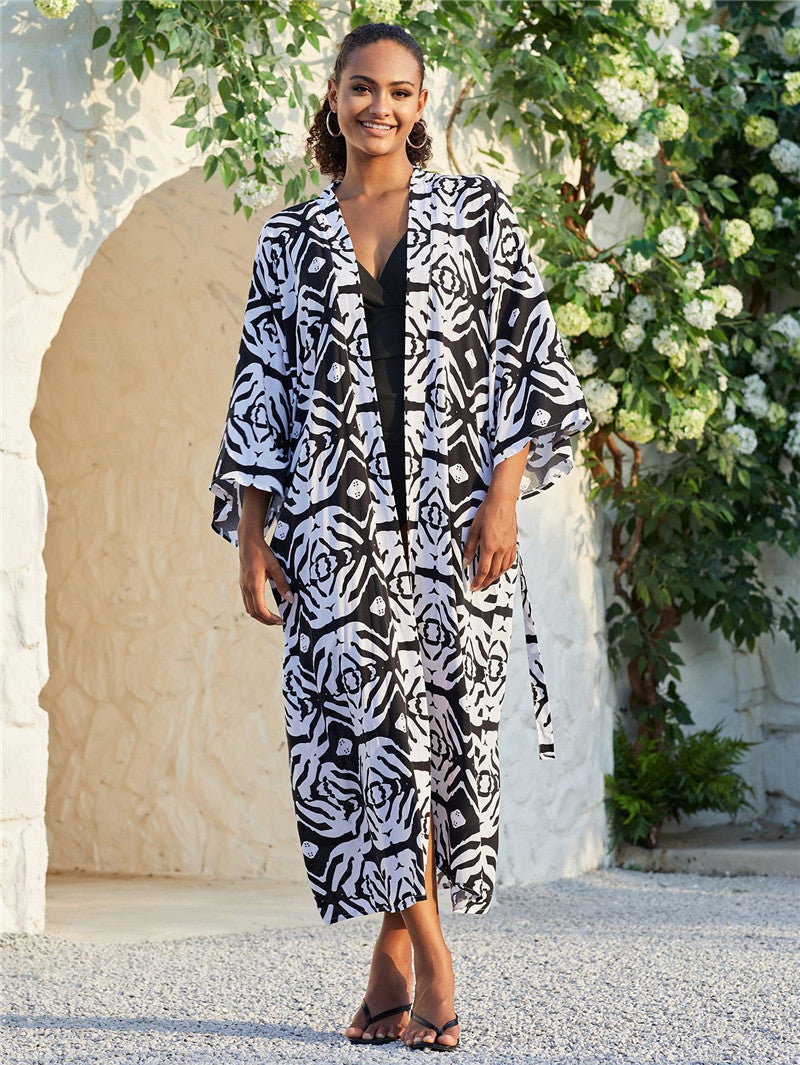 Women's beach kimono with elegant palm pattern and side tie belt Ivyshape