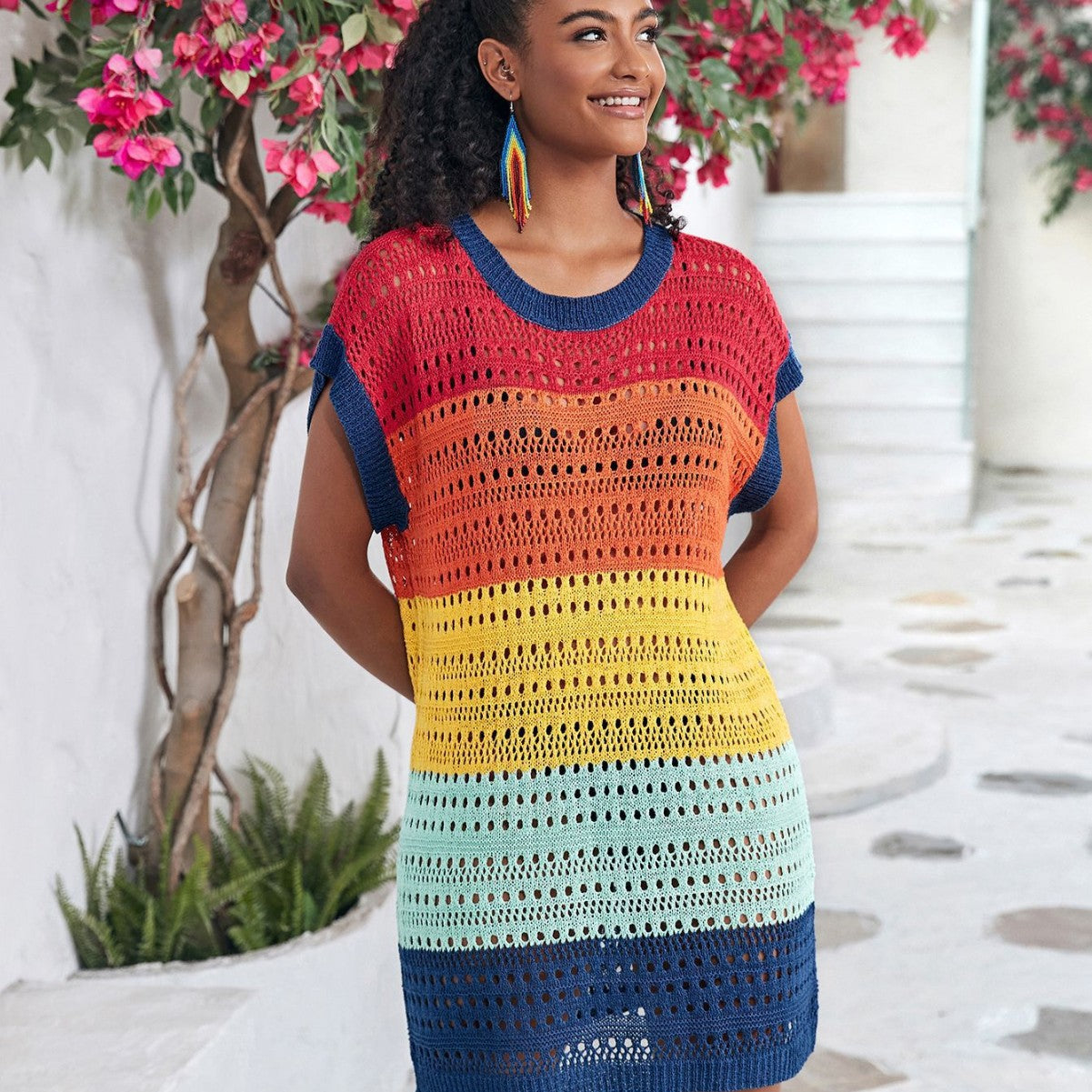 Women’s Crochet Beach Tunic with Colorful Gradient and Casual Cut Ivyshape