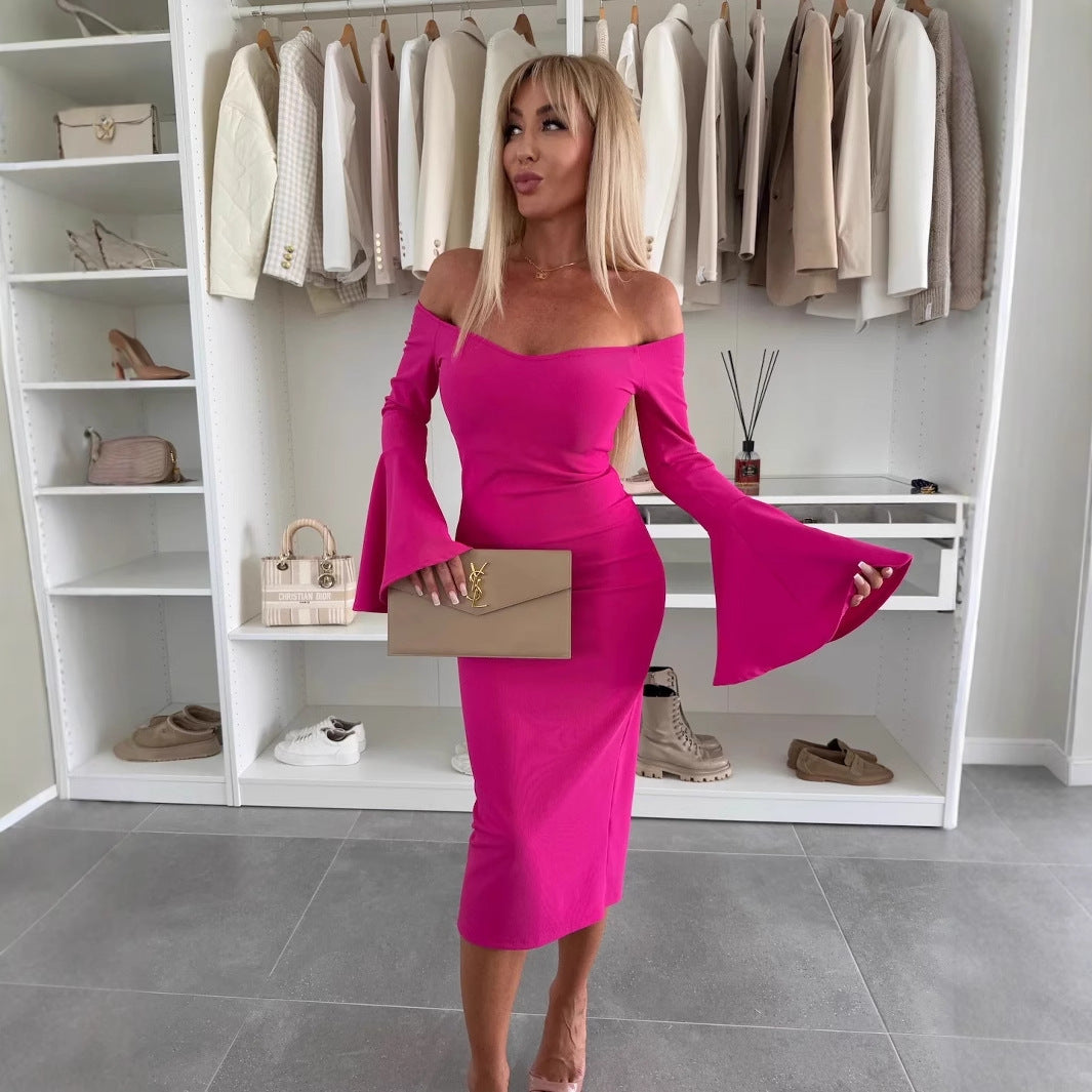Women's sheath dress with off-shoulder ruffled sleeves and fitted silhouette Ivyshape