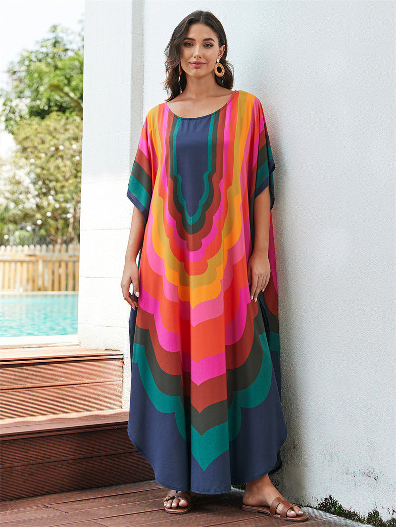 Women's trendy beach kaftan with colorful wave pattern and wide sleeves Ivyshape