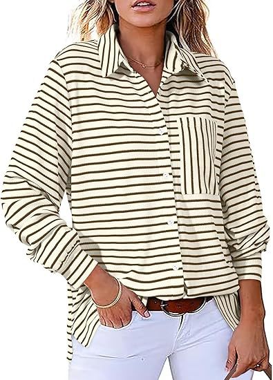 Women Casual Striped Blouse with Pocket and Button Placket Ivyshape