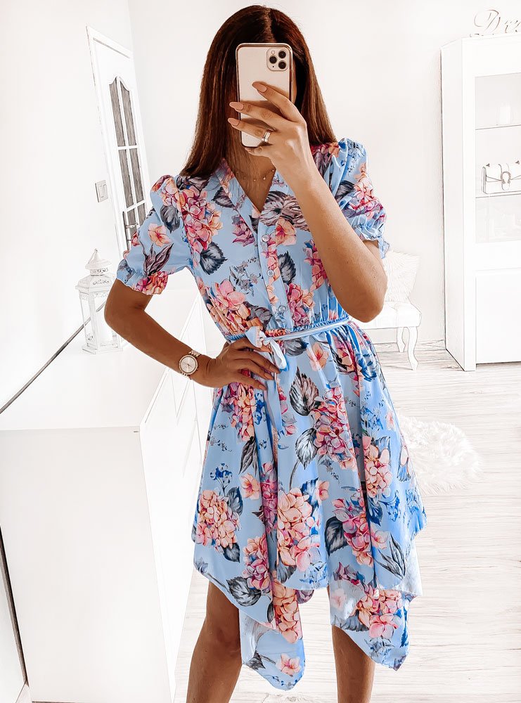 Women's asymmetrical blouse dress with floral design and fitted belt Ivyshape
