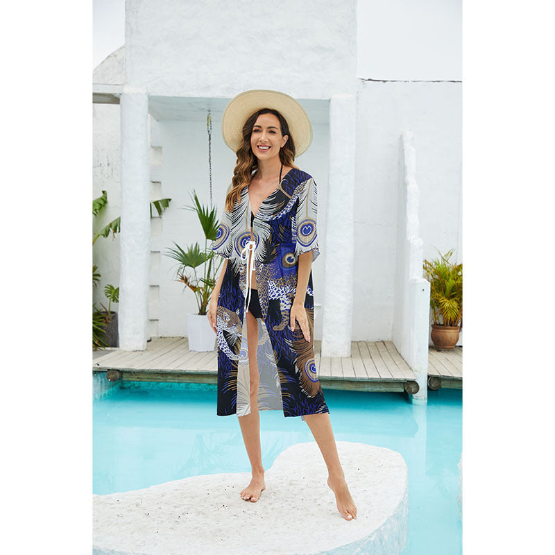 Ladies luxurious beach robe with animal pattern Ivyshape