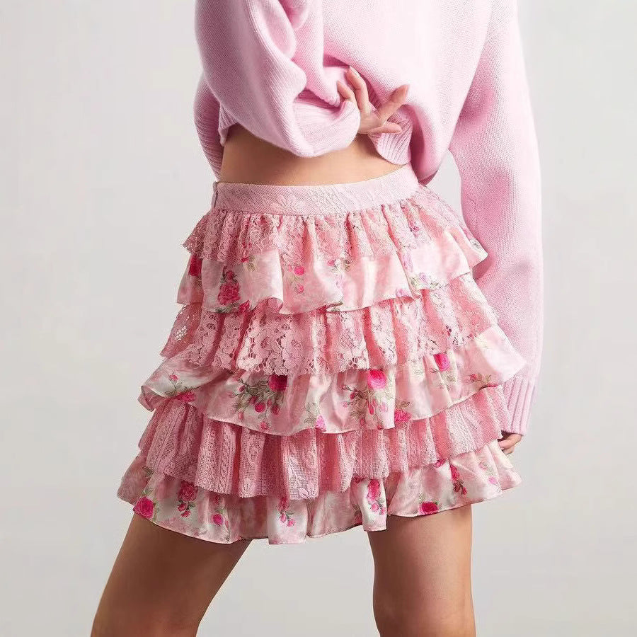 Ladies Ruffled Lace Flower Mini Skirt Ivyshape