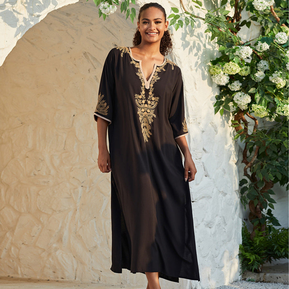 Women's Maxi Kaftan with Elegant Gold Embroidery Ivyshape