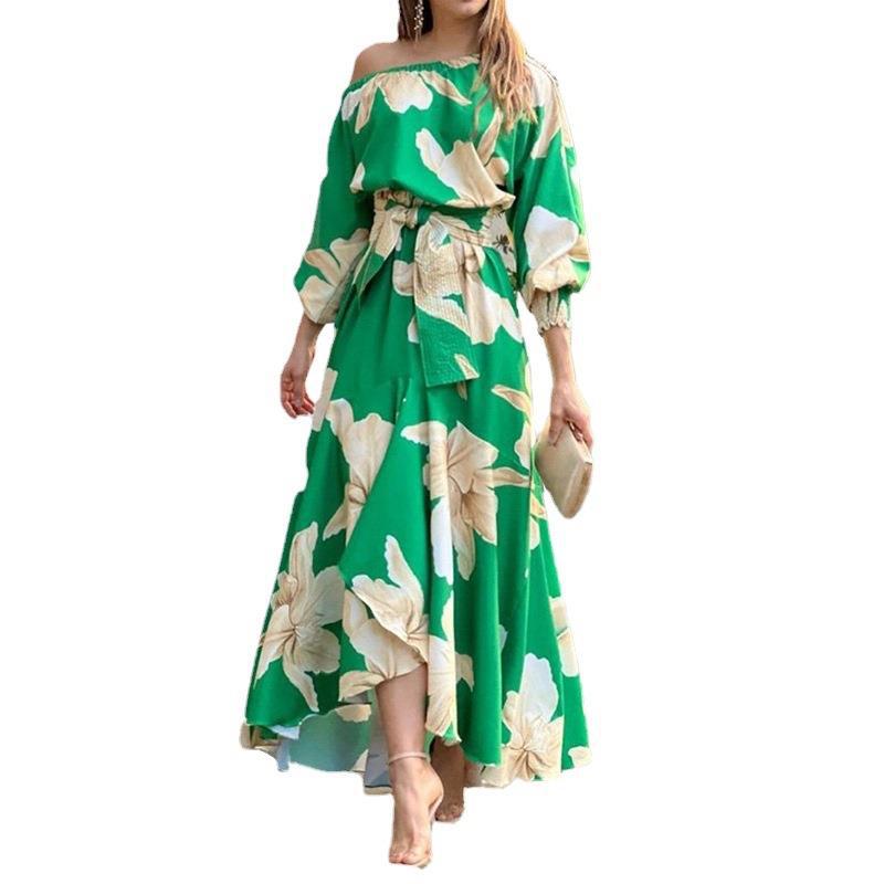 Women's maxi dress with asymmetrical hem and elegant puff sleeves Ivyshape