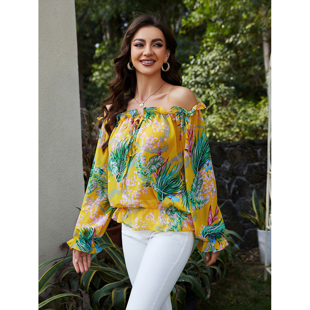 Women's off-shoulder blouse with floral design and ruffle details Ivyshape