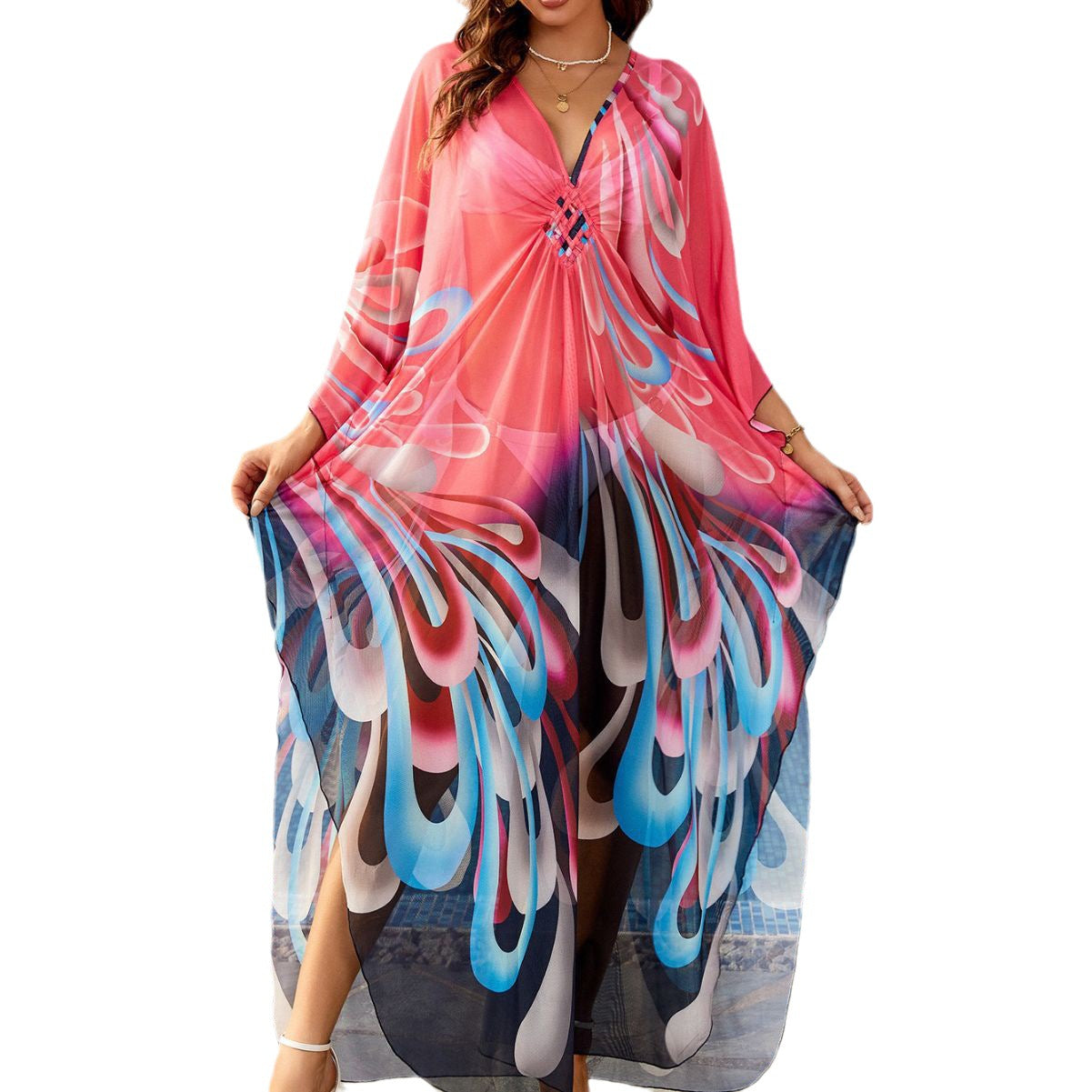 Ladies elegant beach cover-up with elaborate butterfly motifs Ivyshape