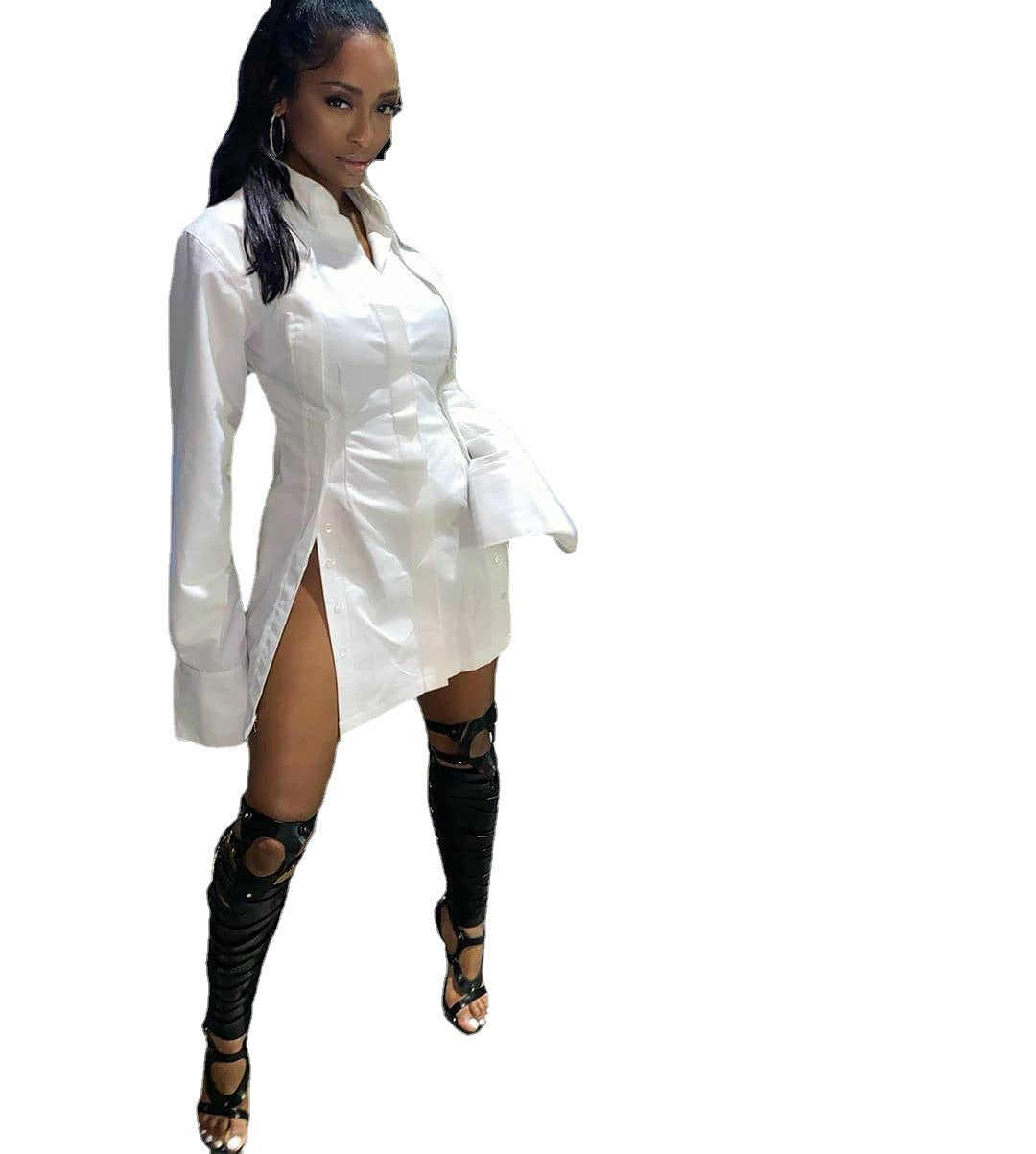 Women's shirt dress with high slit and elegant sleeves Ivyshape