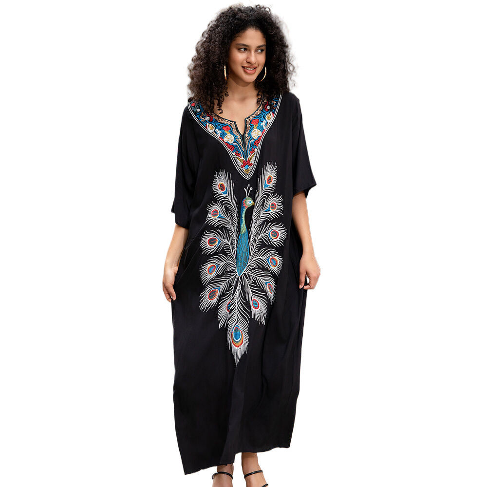 Women's versatile maxi dress with artistic peacock motif Ivyshape