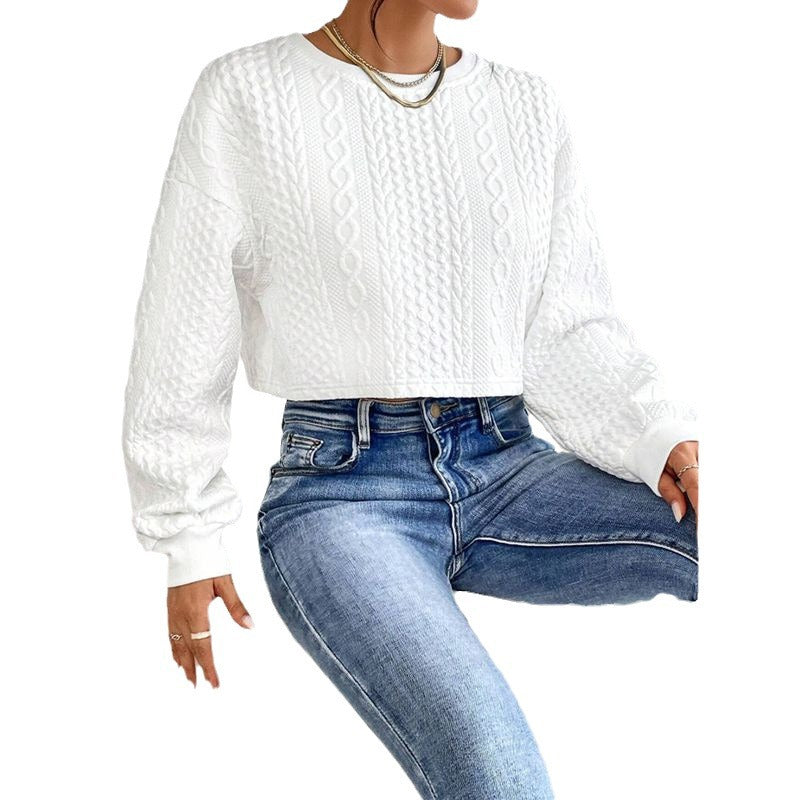 Women's Cropped Sweater with Textured Design and Wide Sleeve Ivyshape