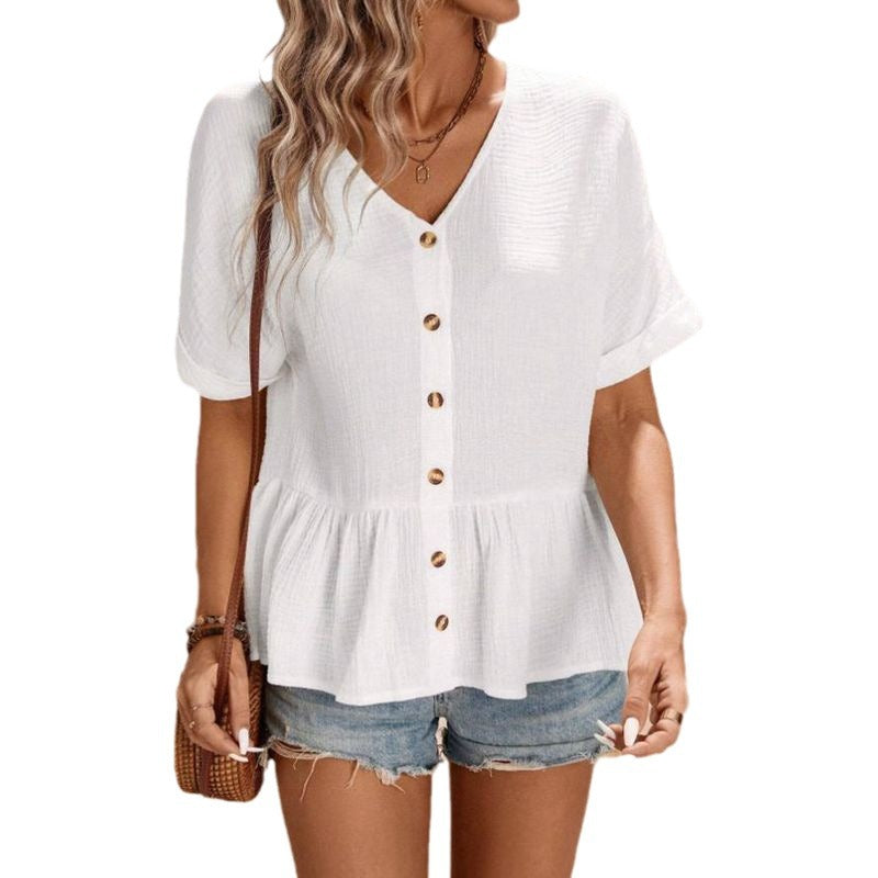 Ladies V-neck blouse with button detail and ruffled hem Ivyshape