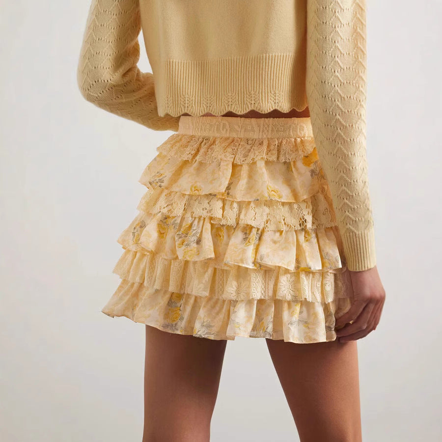 Ladies Ruffled Lace Flower Mini Skirt Ivyshape