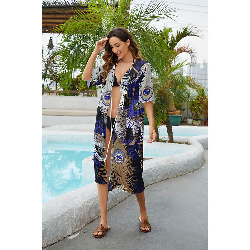 Ladies luxurious beach robe with animal pattern Ivyshape