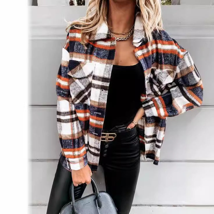 Women casual check blouse with decorative buttons and patch pockets Ivyshape