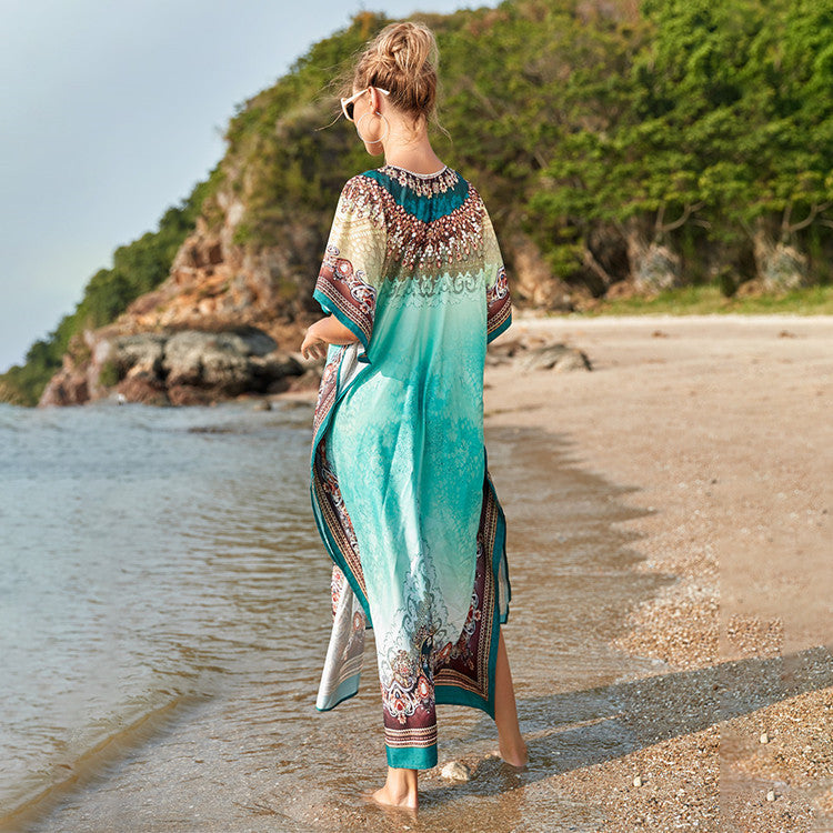 Ladies transparent beach tunic with artistic pattern and elegant details Ivyshape