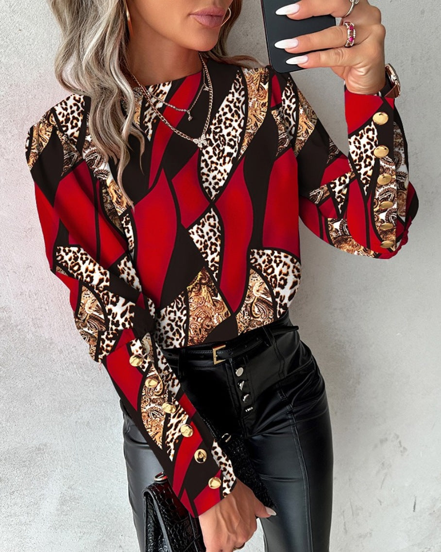 Ladies Fashionable Blouse with Unique Pattern and Golden Buttons Ivyshape
