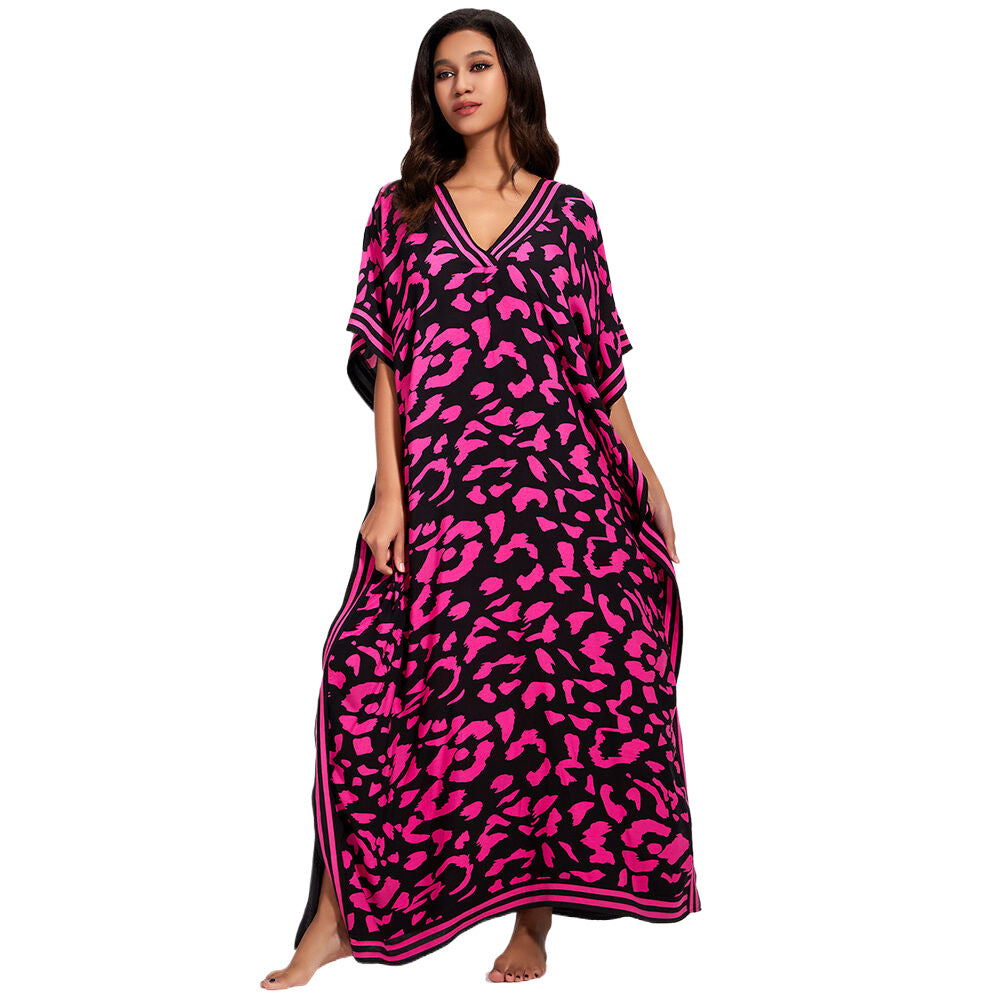 Women's maxi kaftan in a modern animal pattern with deep V-neck Ivyshape