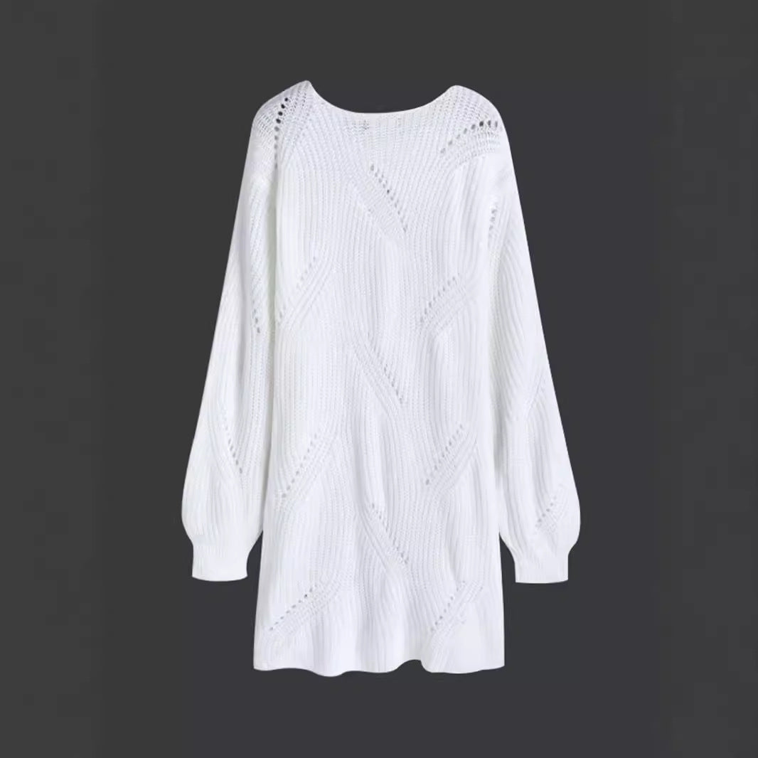 Women's knitted dress with stylish hole pattern and voluminous sleeves Ivyshape