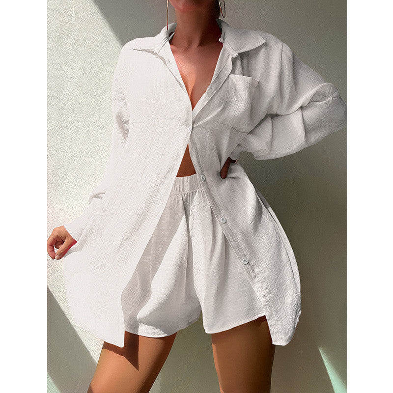 Women's casual two-piece set with oversized blouse and shorts Ivyshape