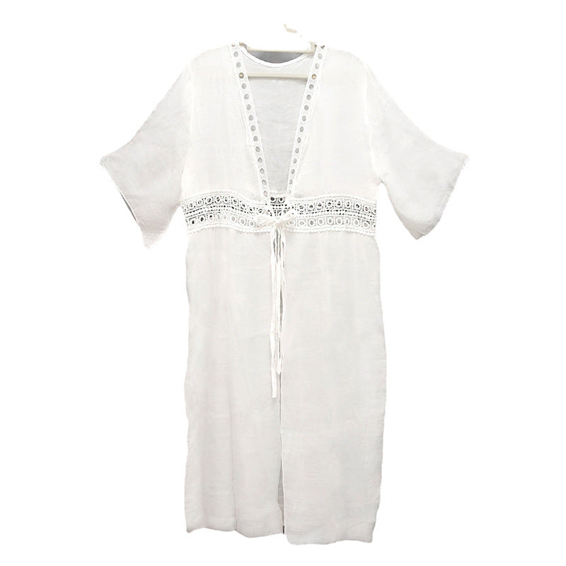 Ladies airy beach tunic with crocheted detail and tie belt Ivyshape