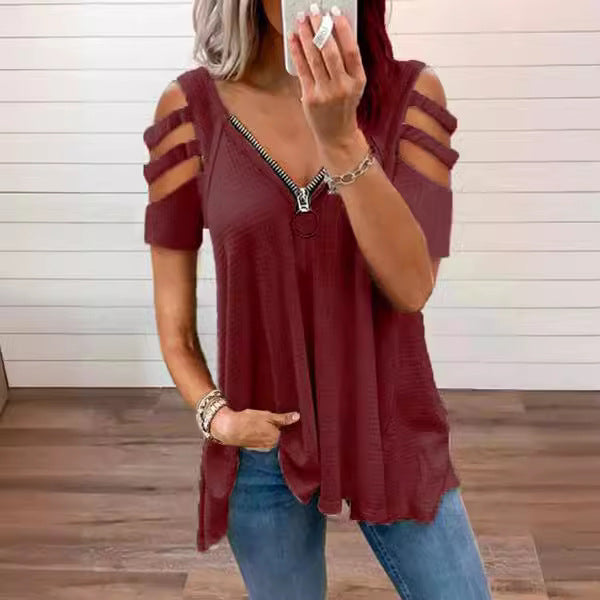 Women Cut-Out Shoulder Top with Zipper Detail Ivyshape