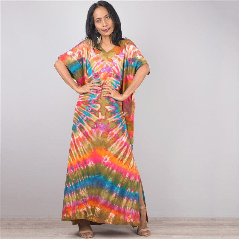 Women’s maxi dress in a colorful style with a V-neck and side slits Ivyshape