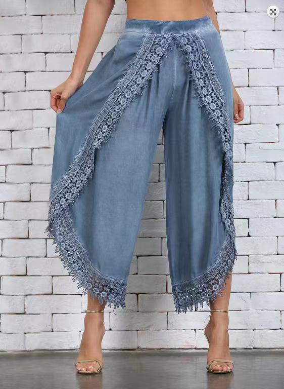 Ladies Elegant Lace Trim Wide Pants Ivyshape
