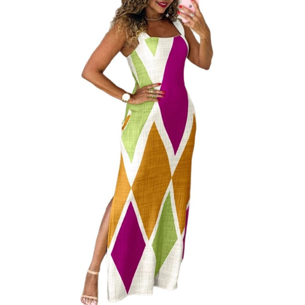 Ladies Maxi Dress with Modern Diamond Pattern and Side Slit Ivyshape