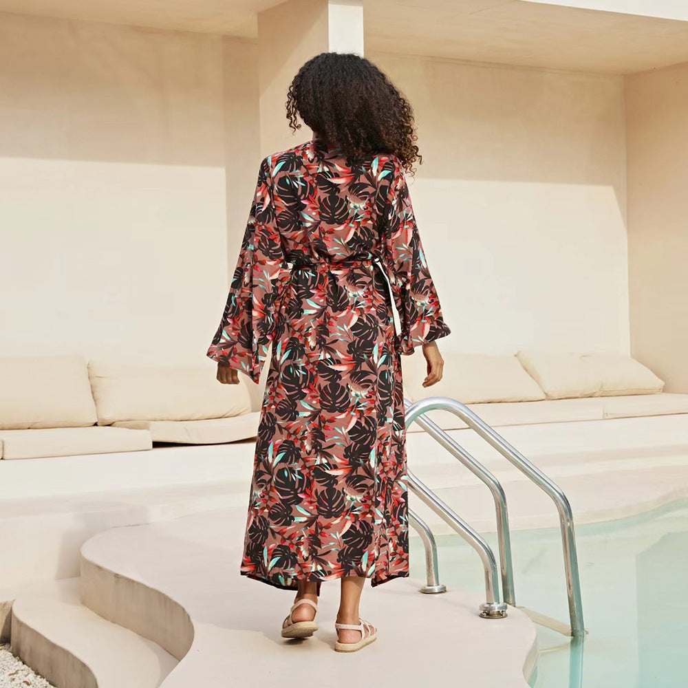 Women's beach kimono with floral print and tie belt Ivyshape