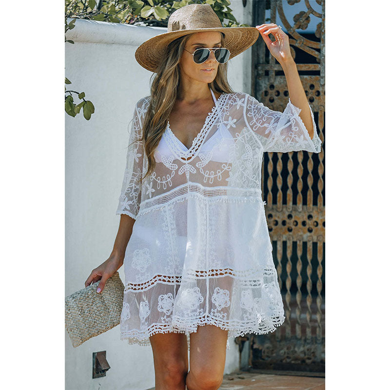 Ladies transparent beach cover-up with elegant lace decoration Ivyshape