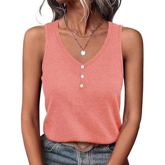Women's Lightweight V-Neck Sleeveless Top with Button Detail Ivyshape