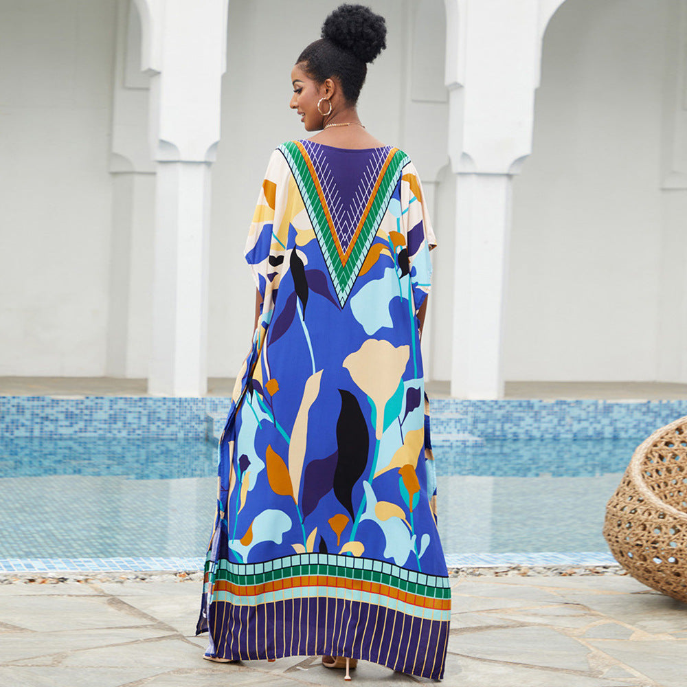 Women’s Maxi Dress with Graphic Pattern Mix and Deep V-Neck Ivyshape