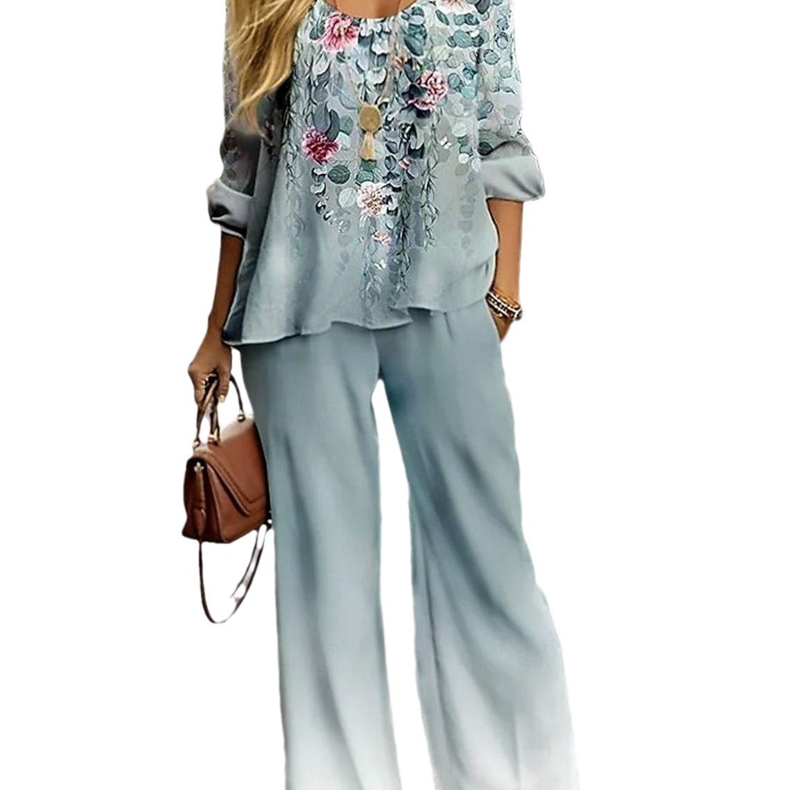 Women Bohemian Peacock Print Top and Wide Leg Pants Set Ivyshape